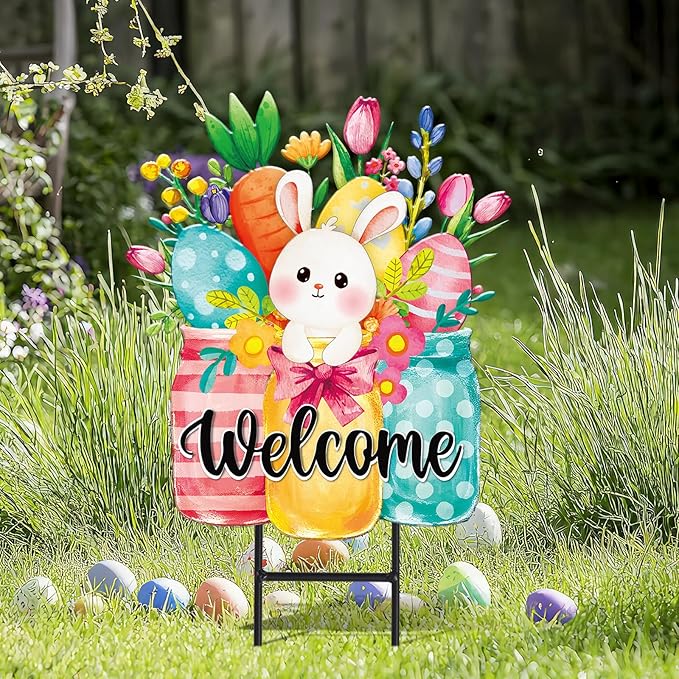 JarThenaAMCS Easter Metal Garden Stake Welcome Yard Sign Watercolor Bunny Rabbit Vase Decorative Lawn Sign for Spring Home Outside Lawn Porch Walkway Pathway