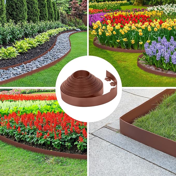 3-Inch x 100 FT Landscape Edging Border Kit with 150 Stakes, Plastic Garden Edging Border, Flexible No Dig Lawn Edging Border for Garden Flower Beds Yard Pathway Paver (Brown)