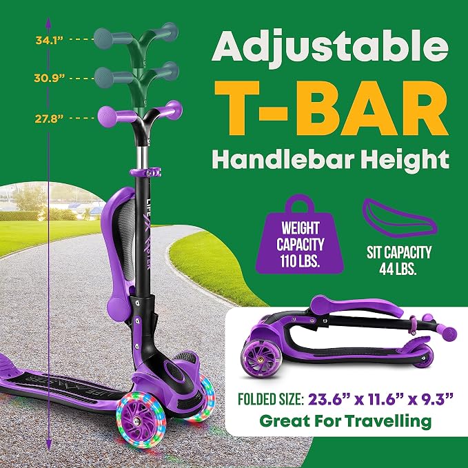 3 Wheel Scooter for Kids with Foldable Seat, Adjustable Handlebar Height, Lean-to-Steer Ride On Toy for Kids Ages 2+, Light-Up LED Wheels, Wide Anti Slip Deck, Indoor & Outdoor Use