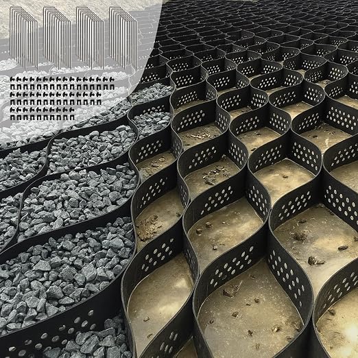 40FT Gravel Grid for Driveway –HDPE Geocell Ground Stabilizer, 1990 lbs/sq ft Load for Parking Pad, Sloped Yard & Paths – DIY Installation with 32 Stakes&40 Fasteners, Proper Base Preparation Required