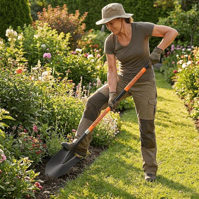 HIGHLIGHT 56-Inch Heavy Duty Round Point Garden Shovel with Non-Slip Fiberglass Handle and Sharp Blade for Deep Digging, Trenching, Landscaping, Snow, Camping and Yard Work - Orange