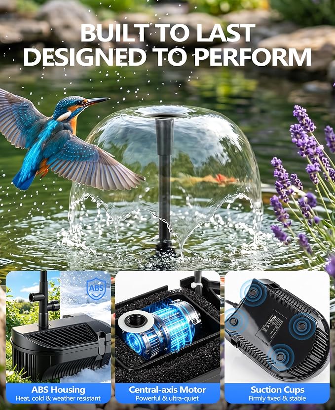 KimFilter Submersible Koi Pond Filter with Fountain Pump Kit - 790 GPH 60W Energy-Saving | 3 Adjustable Spray Nozzles | 33FT Weatherproof Cord | Filter Pump for Outdoor Ponds, Water Feature, Bird Bath