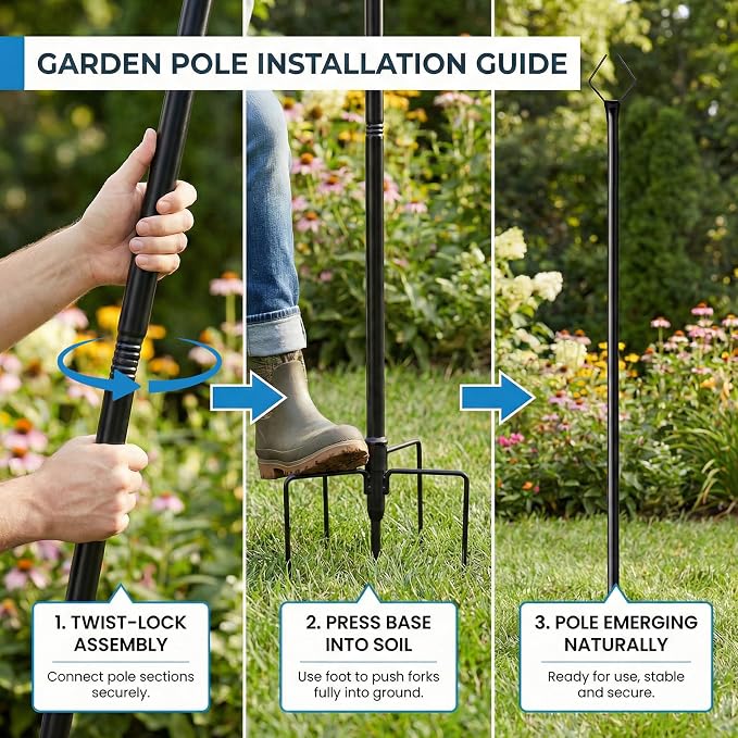 10FT Outdoor String Light Poles 6 Pack, Metal Light Stands with Fence Brackets for Hanging Lights, Patio, Pergola, Garden, Backyard, Yard & Camping Use