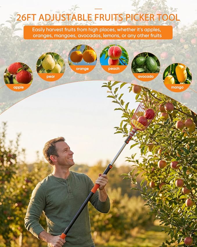 26FT Reach Fruit Picker Pole with Basket Telescoping, Lightweight Aluminum Apple Picker Extension Pole, Fruit Catcher for Trees, for Apple Orange Lemon Mango Avocado Pear Fruit Picking