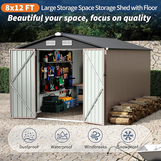 8x12 FT Outdoor Storage Shed, Heavy-Duty Waterproof Metal Tool Storage Shed with Lockable Door, Vents and Sloped Roof for Backyard, Patio