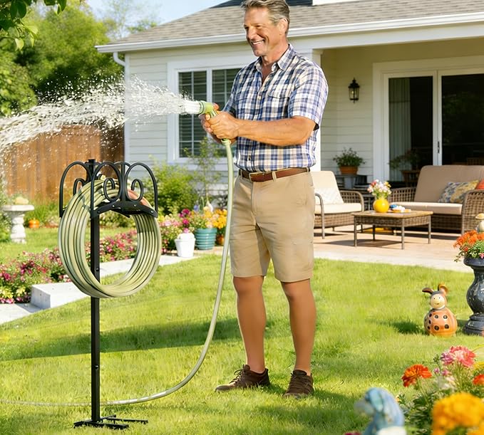 Upgraded Garden Hose Holder Stand with 4 Spikes - Heavy Duty Water Hose Reel, Hose Organizer, Holds 150ft Hose for Outside Yard Lawn, Black