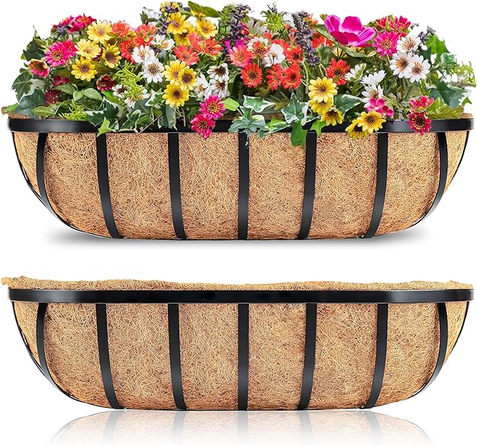 Y&M 24'' Outdoor Planters, 2 Pack Window Boxes with Coconut Coir Liner, Hanging Flower Planter for Balcony, Porch, Fence, Patio Rail