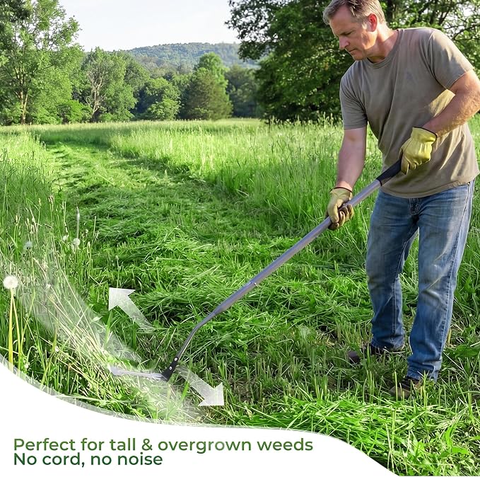 Walensee 48-Inch Grass Whip with Long Handle, Scythe with Double-Edged Serrated Steel Blade, Soft Rubber Grip, Cut Tall Grass and Overgrown Weeds in The Yard, Fields, and Ditches, Black, 1 Pack