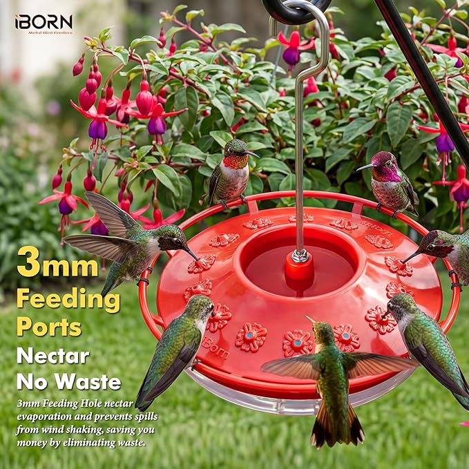 iBorn Hummingbird Feeders for Outdoors Hanging,Bee Proof Hummingbird Feeder with 14 Feeding Ports,13 OZ Saucer Humming Bird Feeders with Ant Moat,Ant Proof No Leak,Easy to Clean and Refill,2 Pack,Red