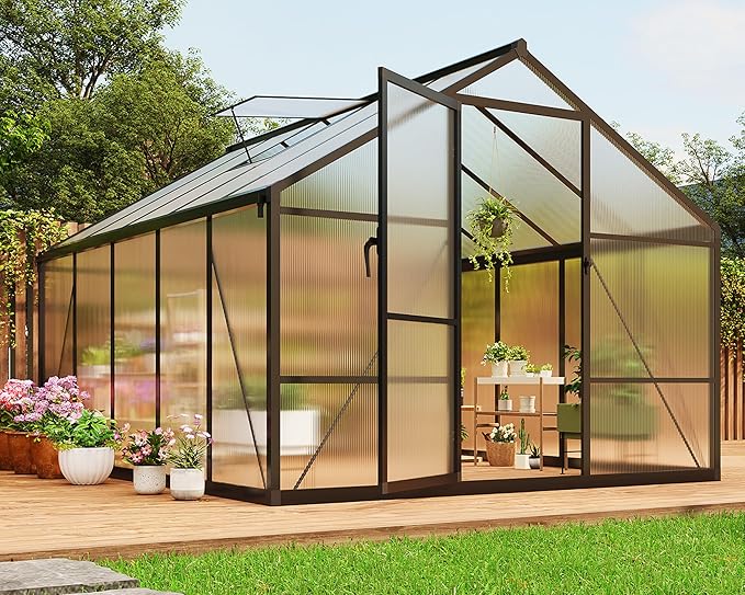 IDEALHOUSE 8×10 FT Greenhouse, Large Walk in Greenhouses for Outdoors and Garden Planting, Polycarbonate Greenhouse with Enhanced Aluminum Frame, Green Houses with Quick Setup Structure and Roof Vent