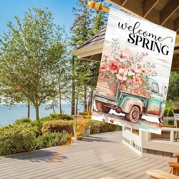 Spring Flags 28"x40" Double Sided Welcome Floral Truck Spring House Flag Burlap Yard Garden Banner for Outdoor Porch Decoration