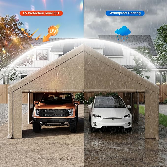 COSIEST 20'×20' Storage Shelter Outdoor Gable Roof Carport with Removable Side Walls, Heavy-Duty Garage Canopy Weatherproof PE Cover, Multi-Purpose Vehicle/Tractor Shed for Backyard/Driveway/Farm