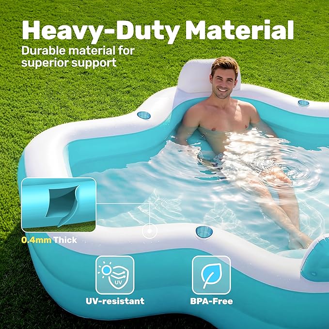SLOOSH Inflatable Pool for Family with Seats, 120" x 101" x 26" Full-Sized Blow Up Durable Thickened Above Ground Pool with Backrest Cup Holders,Swimming Pools for Backyard Summer Water Lawn, Cyan