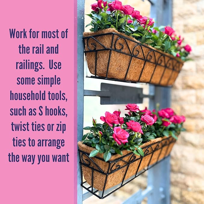 LaLaGreen Wall Mounted Planters - 30 Inch, 4 Pack Window Flower Boxes Basket Outdoor, Balcony Planter Over The Rail, Deck Railing Hanging with Coco Liners, Metal Horse Troughs Fence Patio Porch