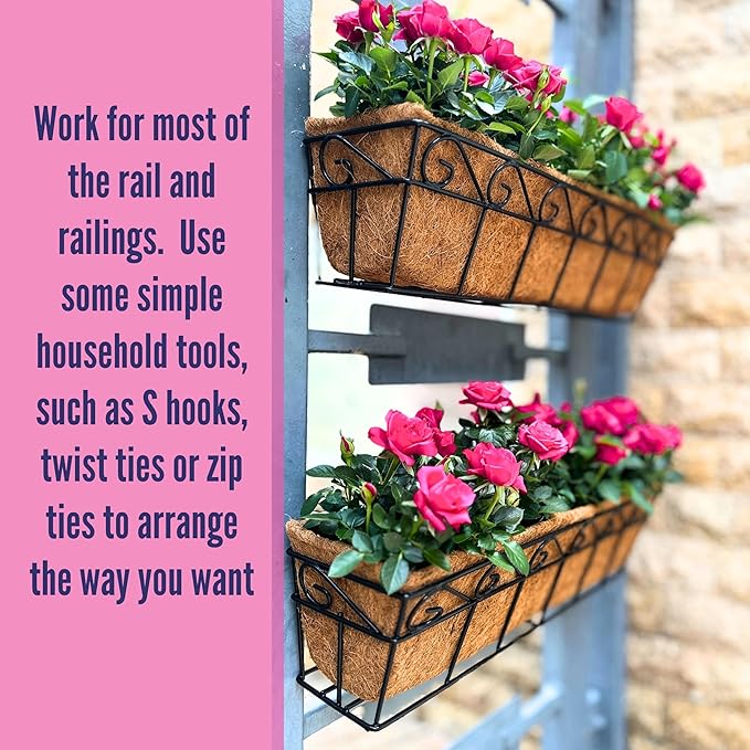 LaLaGreen Wall Mounted Planters - 30 Inch, 2 Pack Window Flower Pot Attach to House Outdoor, Balcony Plant Pot Over the Rail, Deck Railing Hanging Coco Liners, Metal Horse Troughs Fence Patio Porch