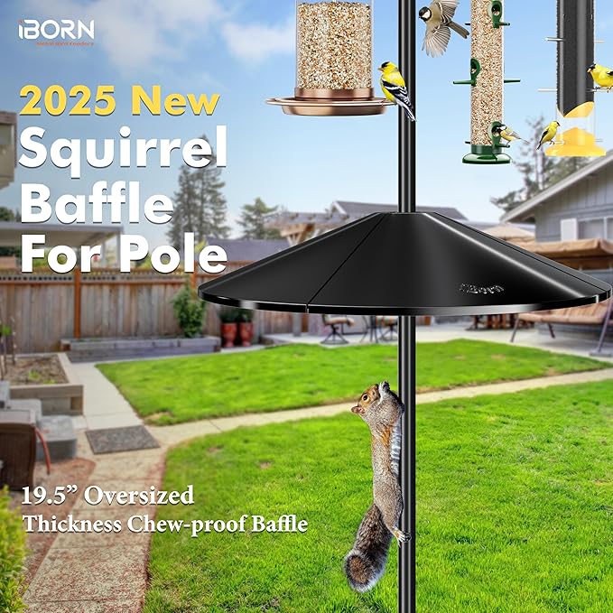 iBorn Squirrel Baffle for Bird Feeder Pole, 19.5” Oversized Squirrel Guard Defender, Bird Feeder for Outdoors Protector, Polycarbonate(PC), Pack of 1, Black