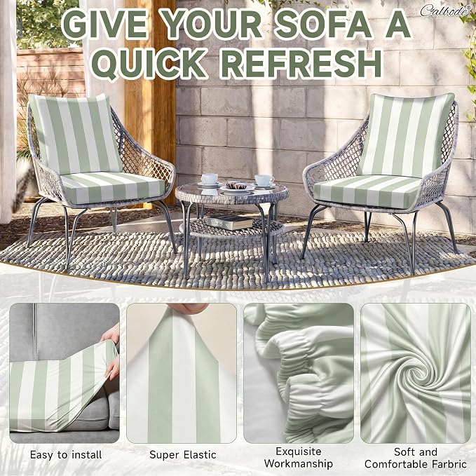 CALBODE 12 Pcs Outdoor Seat Cushion Covers, Green Striped Stretch Chair Seat Cover for Patio Furniture Cushions Washable Reusable Indoor and Outdoor Couch Cover Replacement (Grassy, Cover Only)