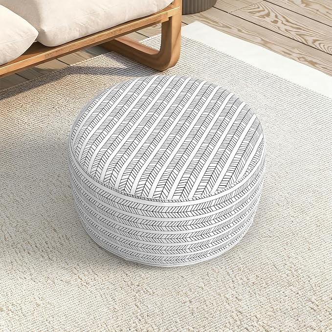 LVTXIII Indoor/Outdoor Large Inflatable Ottoman Pouf D31 x H14 Inch, Round Footstool with Handle, Weather-Resistant Portable Furniture for Patio, Camping, Beach, Herringbone Black White