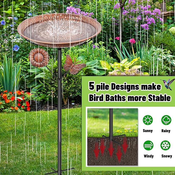 Metal Bird Bath for Outside, Vintage Birdbaths Removable Feeder Bowl with Butterfly Flower, Easy to Clean Birdfeeder for Outdoors Garden Yard Lawn Decor