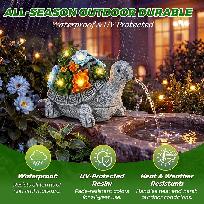 Jetec Solar Garden Statue Fountain Turtle, Pond Water Spitter Aerator, Lawn Decor Tortoise Statue with Succulent and LED Lights for Outdoor Patio, Yard, Ponds, Water Garden Decor
