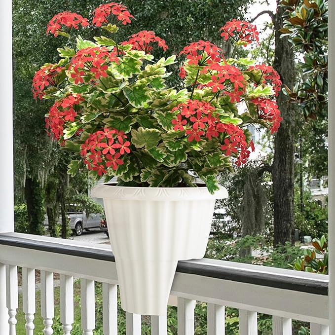 Railing Planter Box 2-Pack - 13.5-Inch Round Outdoor Flower Pots with Drainage Inserts - 2.64-Gallon Outdoor Planters for Porch, Deck, Fence, or Balcony Railings 3” - 3.75” Wide by Pure Garden (White)