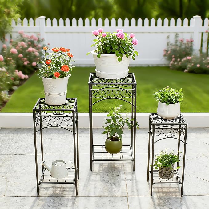 29.5-Inch Metal Indoor Plant Stands - 3-Piece Stylish Iron Plant Holder Set for Indoor & Outdoor Use - Durable Flower Pot Stands Perfect for Balcony, Patio, and Home Decoration plant stand set