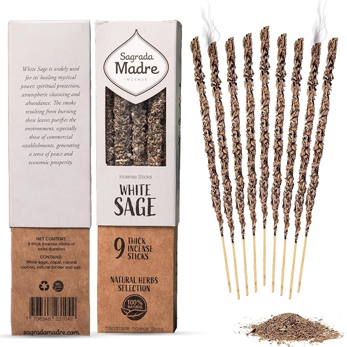 Sagrada Madre 9 pcs Wildly Harvested - White Sage Incense Sticks, 7" Long - Thick Aromatic Incense Sticks (45-55 min Burning Time) to Neutralize Negative Energies & Harmonizing Spaces