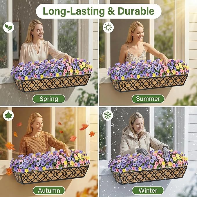 Y&M 36'' Deck Railing Planter Set with Coco Coir Liner, Large 4 Pcs Metal Deck Railing Planter Window Boxes for Outdoor Balcony, Porch, Patio, and Fence Rail