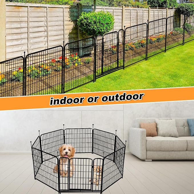 Getlay Tall Garden Fence with Gate 48 in(H)×27 in(L) 12 Panels Total 26.6 Ft(L), Garden Fencing to Keep Dogs Out, Heavy Duty Iron Metal Animal Barrier Fence, Flower Bed Fencing