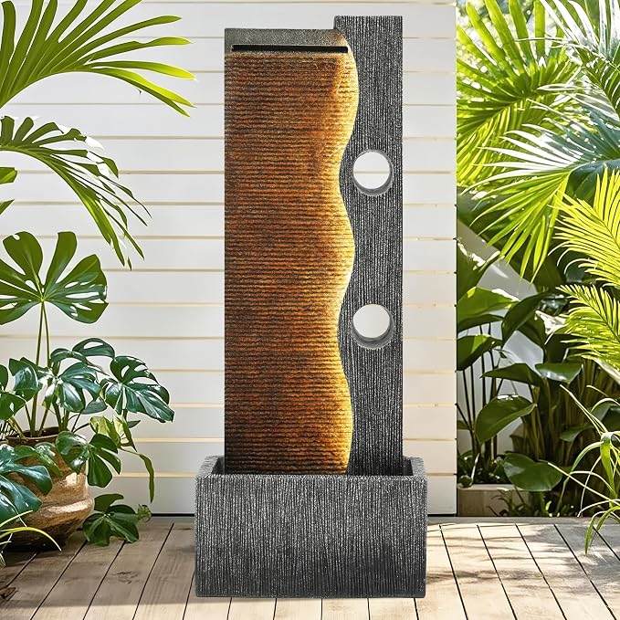 AUTODAYA 39.4" Tall Outdoor Water Fountain with LED Lights, Modern Zen Wall Resin Garden Fountain with Cascading Waterfall, Faux Slate Textures, Tranquil Water Feature for Patio, Garden, Deck or Porch