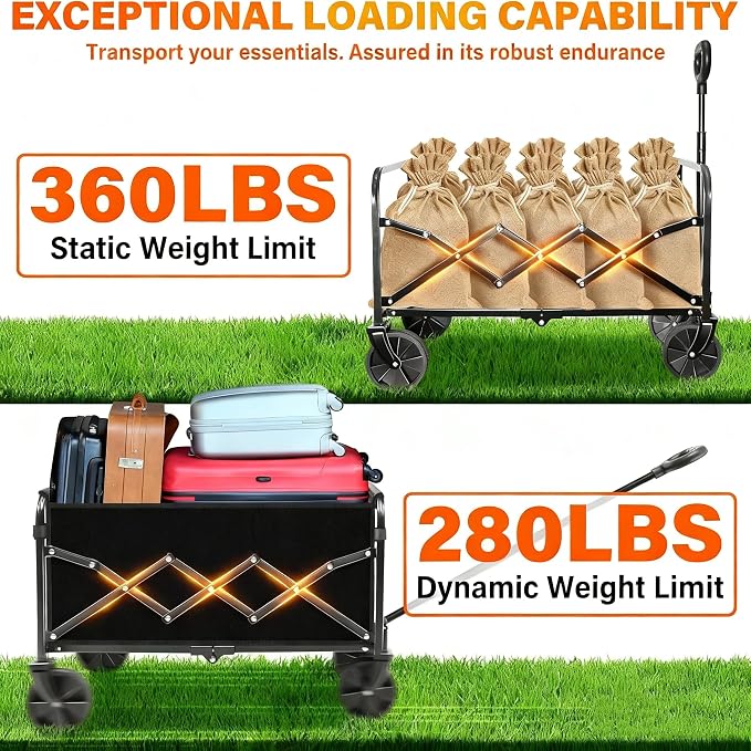 Wagons Carts Foldable, Collapsible Folding Wagon, Portable Folding Wagon Cart with Wheels, Outdoor Utility Carts for Groceries, Camping, Sports, Shopping, Black