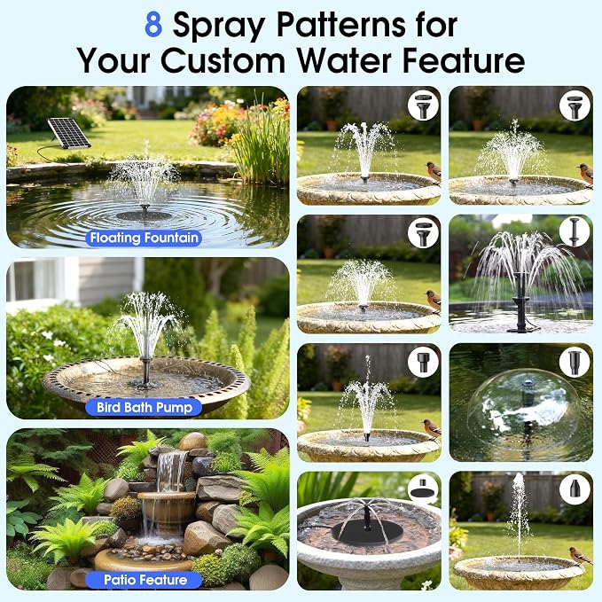 Biling 12W Solar Fountain Pump with 5000 mAh Battery Backup, 80GPH Solar Water Pump with 8 Nozzles, 5ft Tubing for Bird Bath Small Garden Pond Water Features
