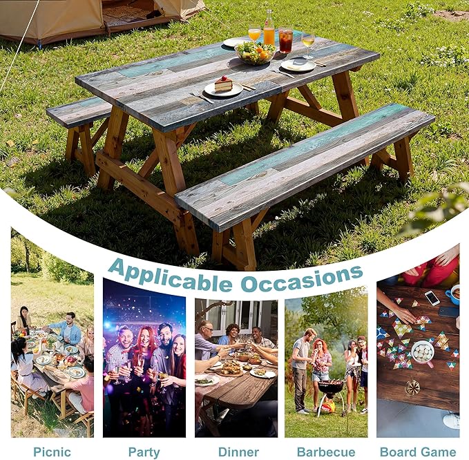 Picnic Table Cover with Bench Covers 6FT Farmhouse Waterproof Windproof Fitted Outdoor Wood Tablecloth with Elastic Rectangle Table Cloth Camping Essentials (Green)