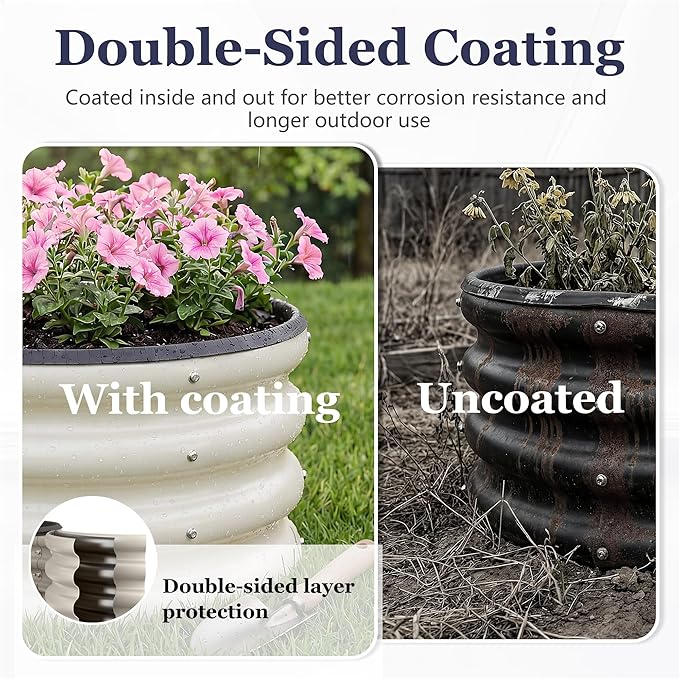 2 x 2 x 1 ft Round Raised Garden Bed, White 2 Pack 12 in Deep Galvanized Steel Planter Box with Safety Edge Trim for Vegetables Flowers Herbs Backyard Patio Outdoor Garden