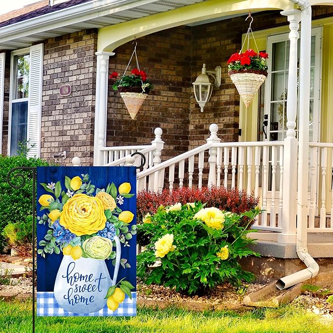 Texupday Home Sweet Home Blue and Yellow Flower Lemon Decoration Spring Summer Floral Garden Flag Buffalo Check Plaid Seasonal Holiday Outdoor Yard Banner 12" x 18"