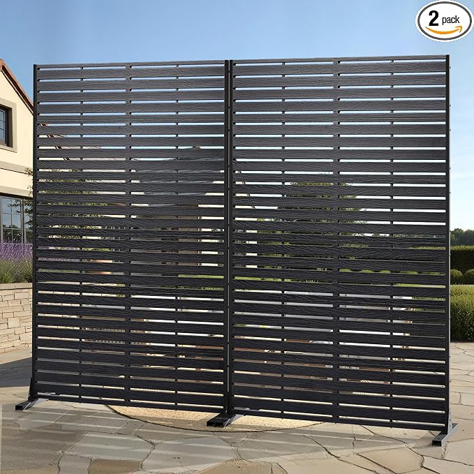 Outdoor Privacy Screen 72" H HDPE Decorative Panel Freestanding Privacy Fence with Stand, Privacy Screens with Louvered 6 Panels, Weather-Resistant Panel Fence for Patio, Balcony, Pool,Black
