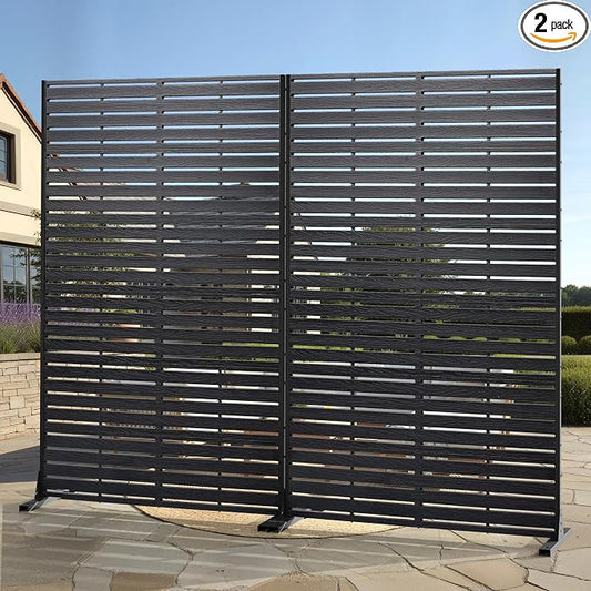 Outdoor Privacy Screen 72" H HDPE Decorative Panel Freestanding Privacy Fence with Stand, Privacy Screens with Louvered 6 Panels, Weather-Resistant Panel Fence for Patio, Balcony, Pool,Black