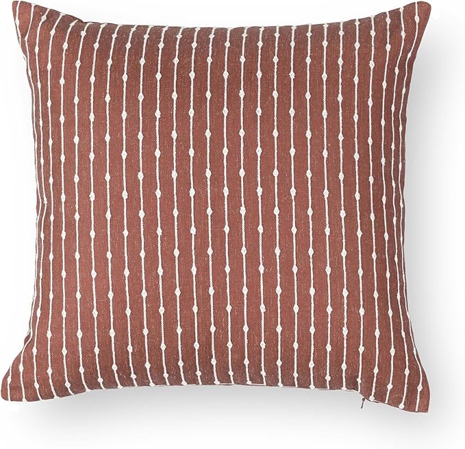 Crumbs Home Modern Farmhouse Fall Linen Indoor Outdoor Throw Pillow Cover Only, 20"x20" Water Repellent for Patio, Backyard, Couch, Rust Neutral Embroidered Stripes