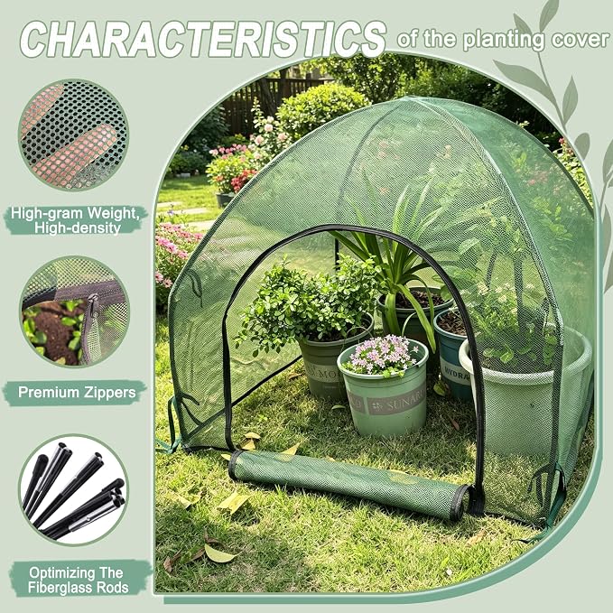 2.7*2.7*2.5FT Shade Mesh Plant Tent Cover 100 GSM Heavy-Duty Garden Net Cage with Fiberglass Poles & Zipper Door, Multi Sizes with Ground Stakes for Raised Bed Seedling Flower Vegetable Planting
