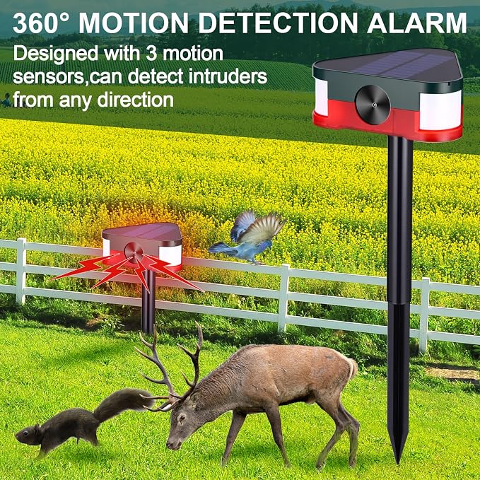 Qualirey 4 Pack 360° Solar Outdoor Motion Sensor Alarm 4 Modes Ultrasonic Animal Deterrent with 3 Loud 129dB Sirens Flashing Light Remote Control for Yard Garden Farm Repel Deer Coyote Raccoon Dog