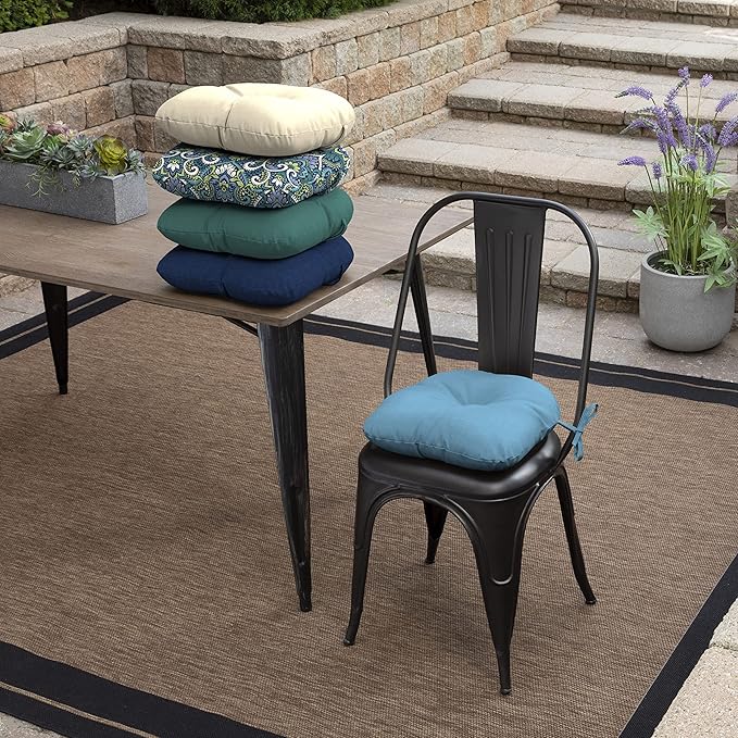 Arden Outdoor Tufted Bistro Seat Cushion, Set of 4, 14.5 in x 15 in, Rain-Proof, Fade Resistant French Blue Texture