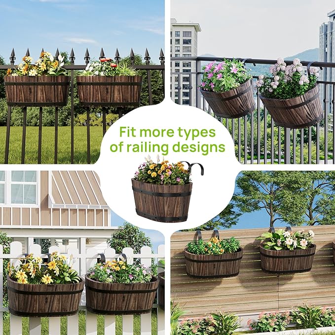 2pcs Railing Planter Boxes Wood Hanging Flower Pots for Railing Fence Outdoor Balcony Planters for Wall Window Flower Box Hanging Bucket Pots Countryside Plant Holder (Carbonized,2pcs,Large)