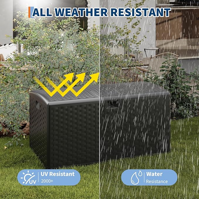 100 gal Outdoor Storage Box with Support Rod, Large Lockable Storage Container for Patio, Waterproof Storage Bin for Garden, Cushions, Tools,Black