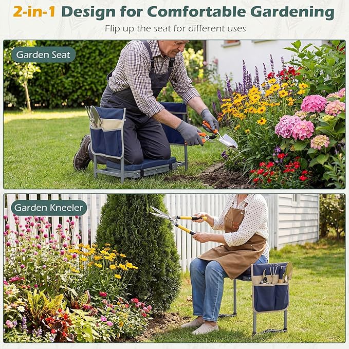 2-in-1 Garden Kneeler and Seat, Folding Garden Seat w/EVA Foam Kneeling Pad & Removable Tools Pouch, Sturdy Steel Frame, No Assembly, Portable Heavy Duty Garden Stool for Women Men Seniors