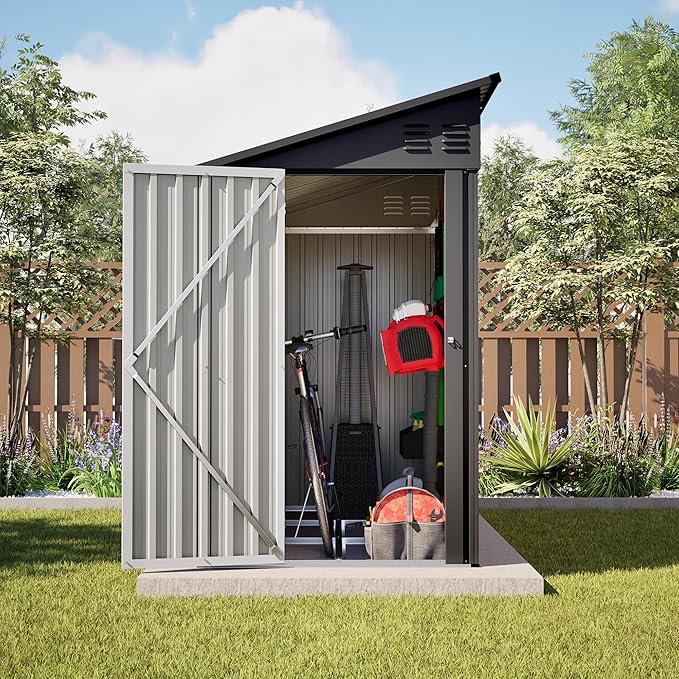 YOPTO 4×8 FT Lean to Metal Shed,Outdoor Heavy-Duty Storage Shed with Floor Base,All Weather Waterproof Garden Tool House W/Lockable Door&2 Air Vent,Reversible Door Design,for Backyard,Patio,Lawn,Black
