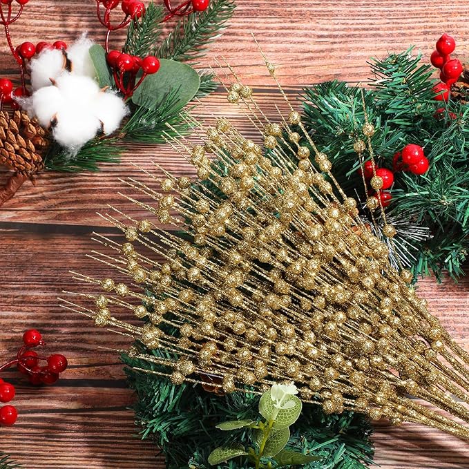 Yuxung 36 Pcs 17'' 15'' Christmas Artificial Glitter Berry Stems 4 Styles Xmas Decorative Tree Picks Branches Large Glittery Twigs for Christmas Tree Xmas Wreath Vase Filler(Gold)