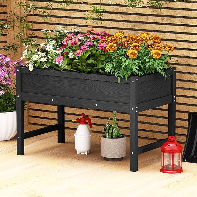 Raised Garden Bed Outdoor with Legs,HDPE Elevated Planter Box Rot-Resistant and Non-Cracking,Raised Beds for Gardening for Backyard, Patio, Balcony, 300lb Capacity Black