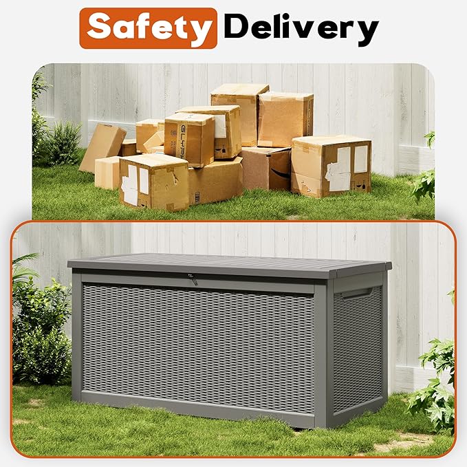 KAMABOKO 280 Gallon Outdoor Storage Box, Resin Deck Boxes Indoor and outdoor, Waterproof Storage Box Lockable Lid for Garden Tools, Package Delivery, Patio Cushions, Grey