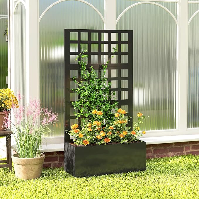 Outsunny Galvanized Raised Garden Bed with Trellis, Metal Planter Box with Drainage Holes, Outdoor Privacy Screen for Climbing Plants, Vegetable, Vines, 24" x 9" x 44.5", Black