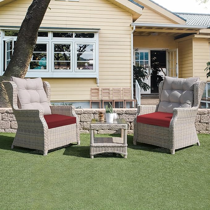 UNIKOME Outdoor Chair Cushions Pack of 4, Water Resistant Patio Cushions with Ties, High Density Sponge Filling Square Corner Seat Cushions for Outdoor Furniture, 24"*24"*4", Wine